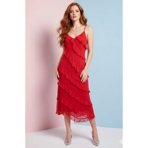 Elegant Red Ruffle Tiered Flounce Chiffon Asymmetrical Hemline Midi Dress S